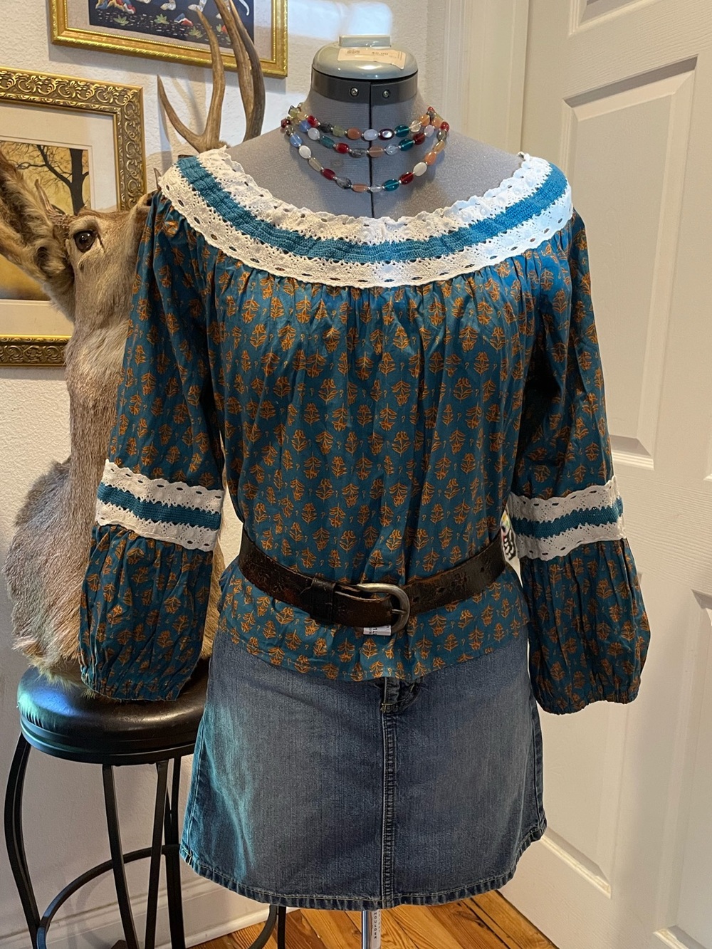 Boho-Style Teal Blouse with Ivory Lace Trim - Women Tops